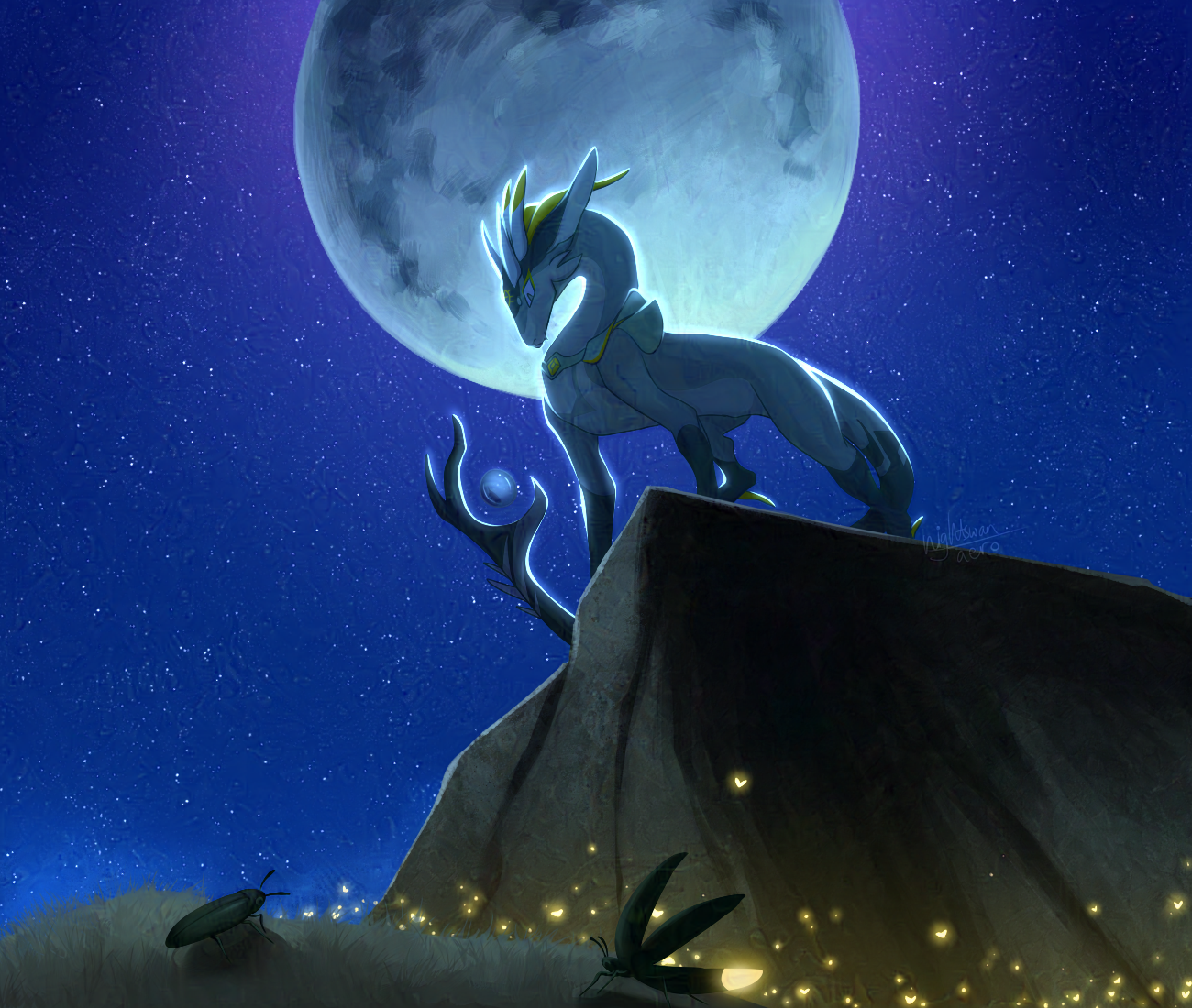 Creature framed by the full moon over a cliff of fireflies