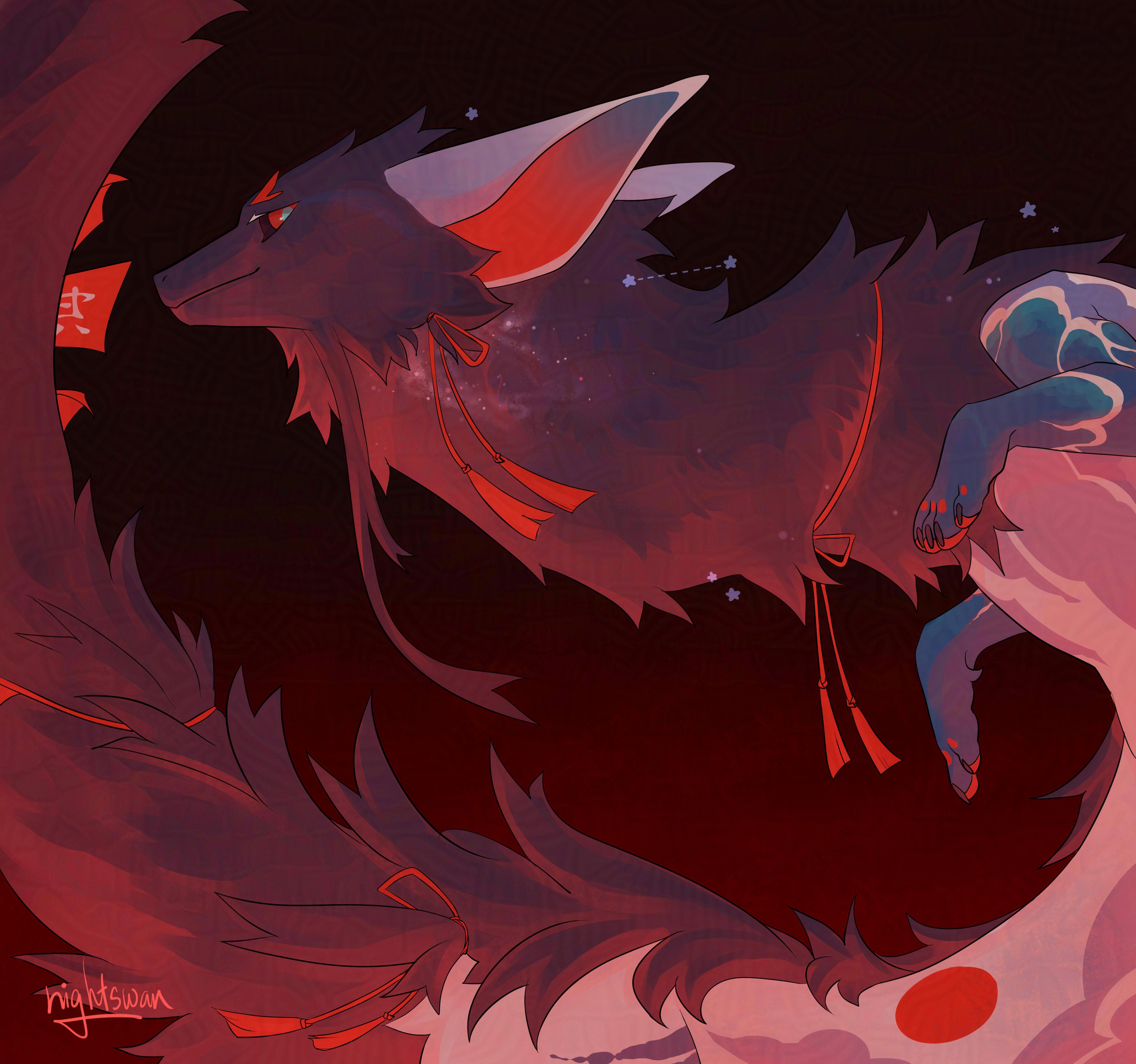 fluffy dragon in soft red lighting