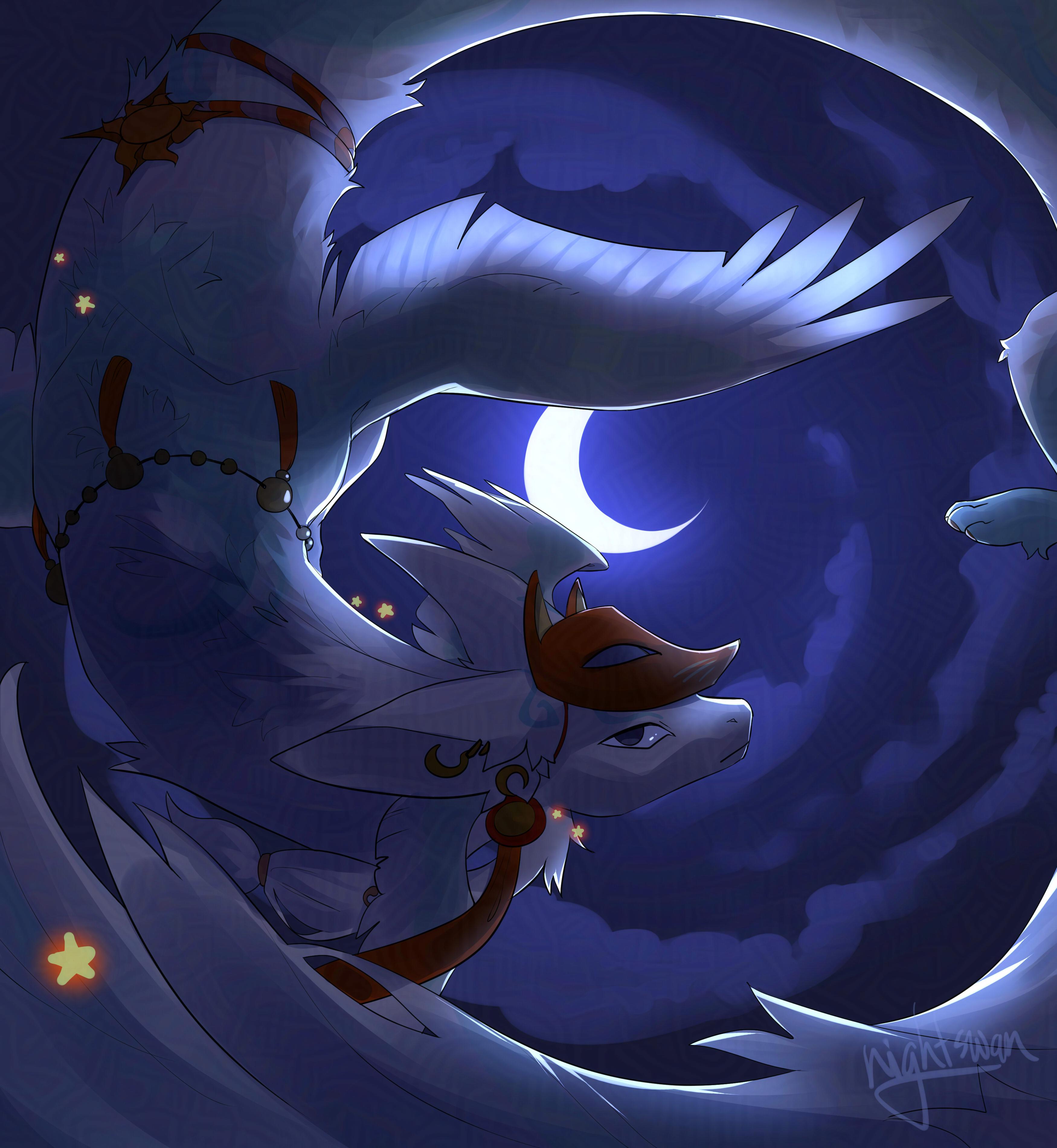 long fluffy dragon at night